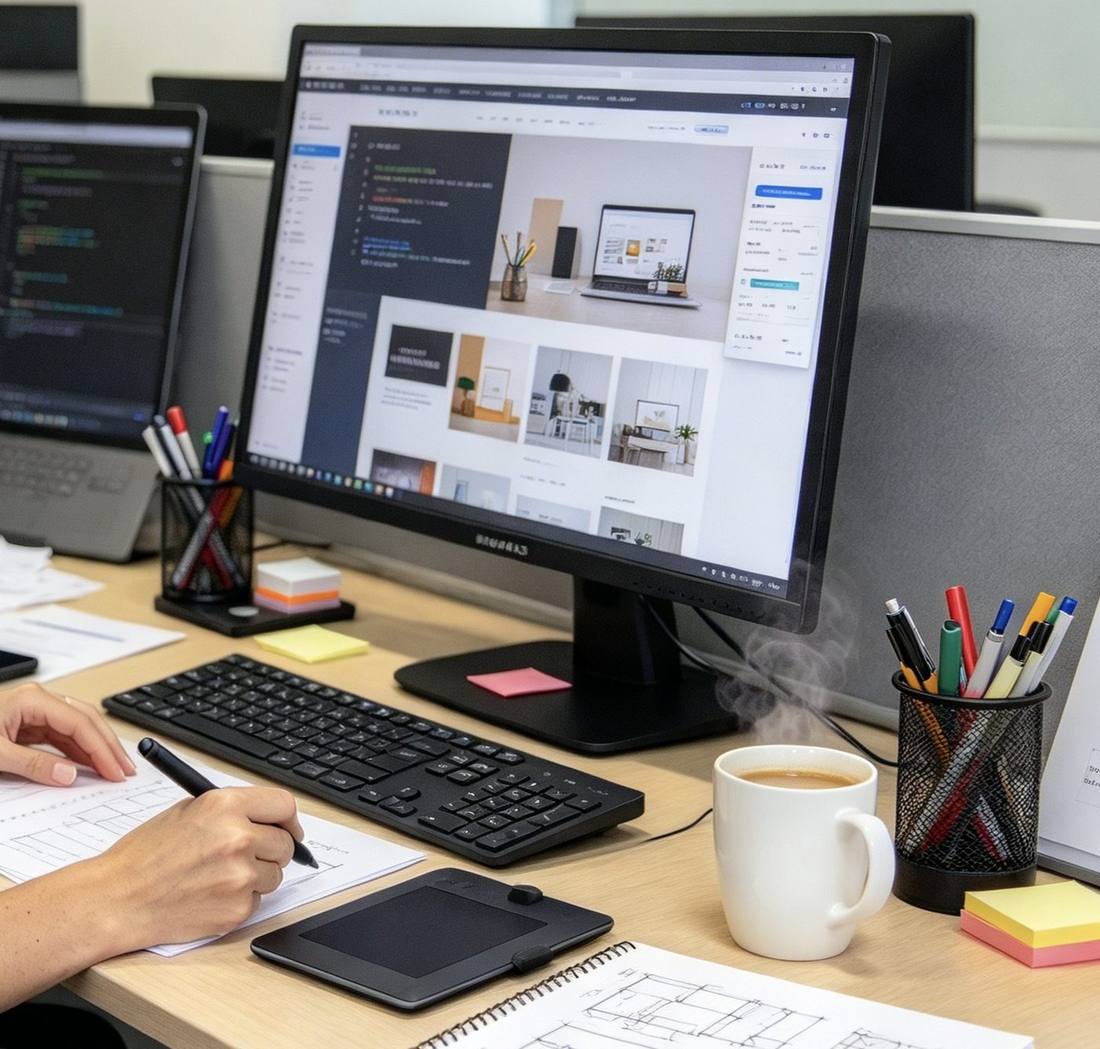 Escritorio de trabajo de Isabel Morán con web en pantalla, bocetos y café