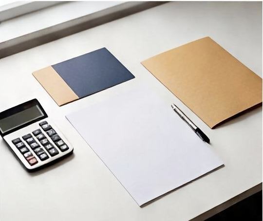 Escritorio con calculadora, carpetas y documentos de asesoría fiscal